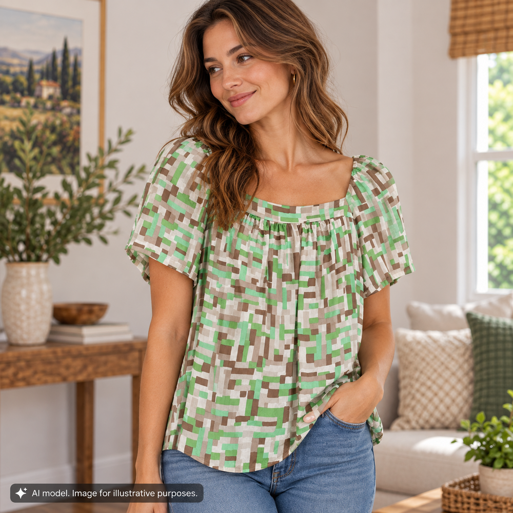 Banana Republic Shirt Top Womens Small Tan Green Geometric Flowy Silk Career